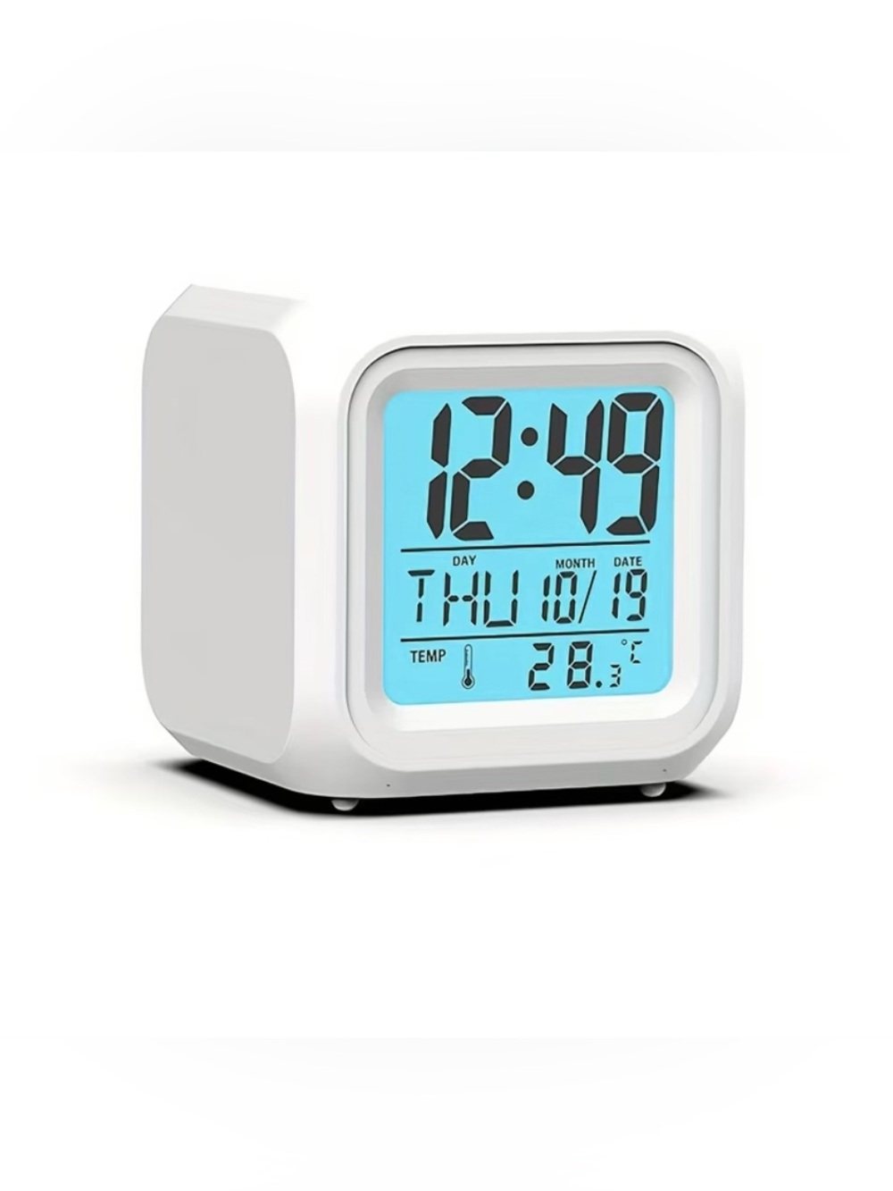 Small Square Light-Up Digital Clock Shows Time, Day, Date & Temp Battery Powered
